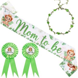 Lion Baby Shower Decoration, Lion Mom To Be Sash Mom Dad To Be Badge Pin Flower Crown Green for Boy A Little King Is On The Way Wild Animal Baby Shower Gender Reveal Decoration