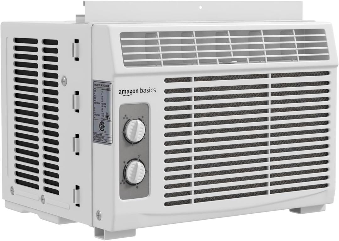Amazon Basics 5000 BTU Small Window Air Conditioner, Up to 150 Sqf, Window AC Units with Cool and Fan Functions, Washable Filter, Adjustable Window Fit, Intuitive Mechanical Controls, White