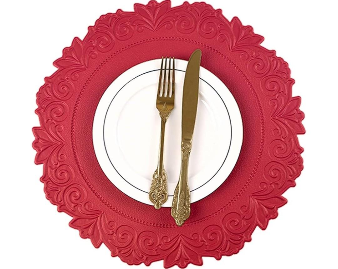 Noctiflorous Round Faux Leather 15 Inch Placemats Set of 6 Waterproof Wipeable Heat Resistant Tablemat for Dining Table Kitchen Non Slip Washable Oilproof Table Place Mat for Indoor Outdoor(Red, 6)