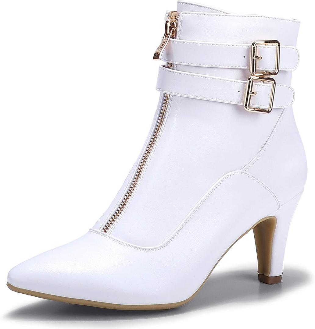 IDIFU Women's Pointed Toe Metal Buckle Two Strap Ankle Booties Side Zipper Kitten Heel Dress Classic Short Boots (7.5, D White Pu)