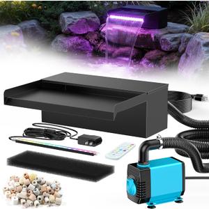 POPOSOAP 12inch Pond Waterfall Spillway with RGB LED Lights & 660GPH Pump Kit - APP/Remote Control, 304 Stainless Steel Pond Spillway with 9.8FT Tubing for Garden Ponds Landscape Water Features - P43DY