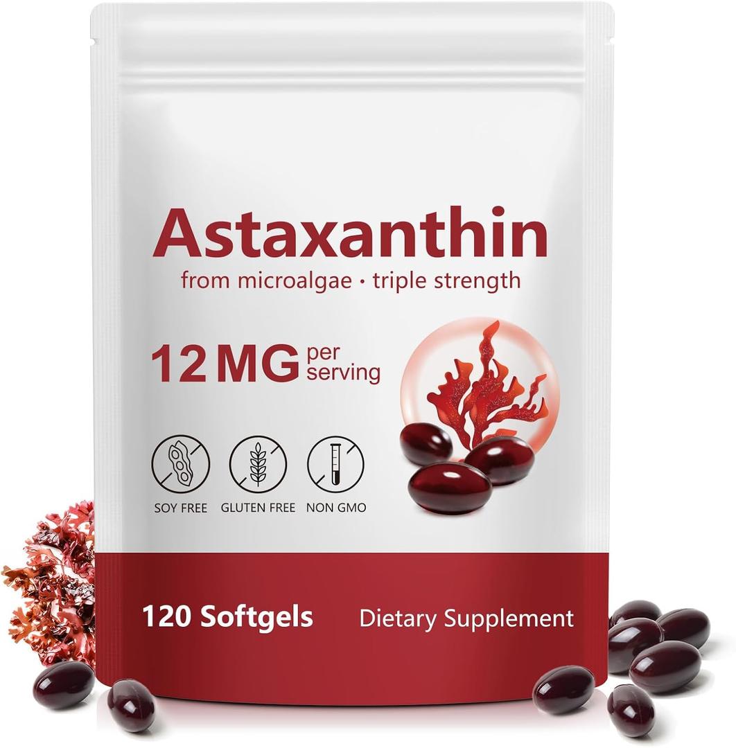 Astaxanthin 12mg, 120 Softgels, Premium Astaxanthin Antioxidant Supplements with Antioxidant Activity, Supports Eye, Skin, Joint & Immune System Health, Fresh Microalgae Source, Non-GMO & No Gluten, BBD 02/08/2028