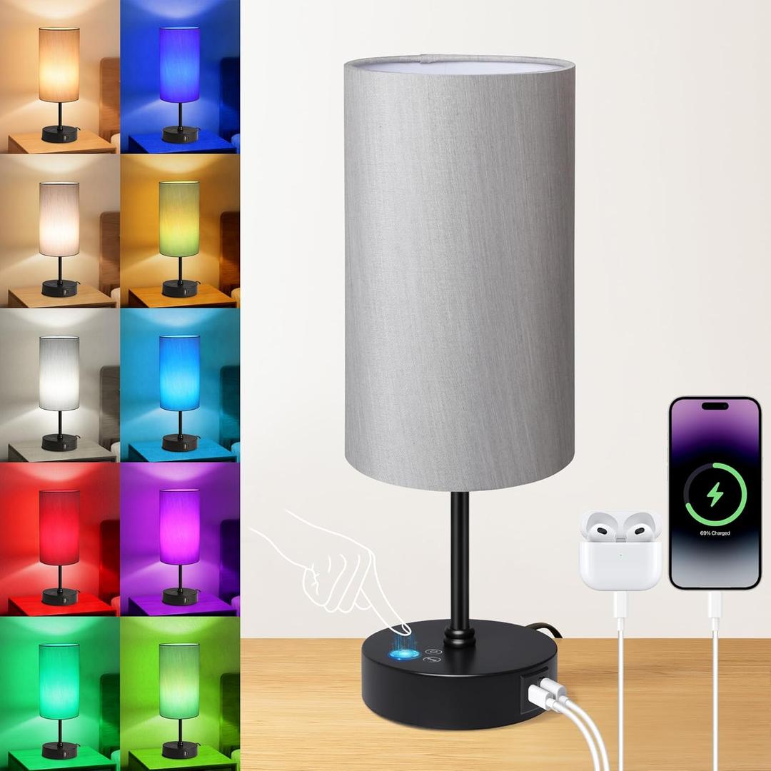 Unicozin Table Lamp for Bedroom, 3 Color Temperatures, 7 RGB Colors, Adjustable Brightness, Dual USB Charging Ports, Ambience Nightstand Light with Grey Shade, Desk Lamp for Kids Reading Home Office