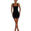 MINGSEECESS Women Super Sparkling Rhinestone Evening Dress Short Mini Dress Square Neck Homecoming Dresses Prom Party Gown Black, Size Large 