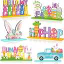 6 Pcs Easter Tabletop Decorations Easter Table Decor Tiered Tray Decorations Set Happy Bunny Egg Truck Wooden Signs Gnome Rustic Table Centerpiece for Home Spring Party