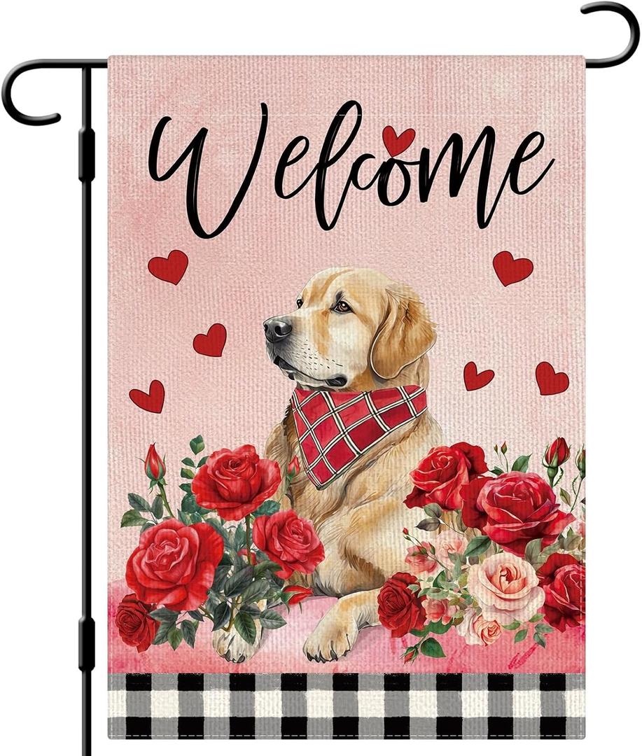 DLZDN Welcome Valentines Day Dog Garden Flag Love Heart Roses Golden Retriever Flag 1218 Inch Double Side Buffalo Plaid Farmhouse Yard Flag Anniversary Wedding Outdoor House Decoration