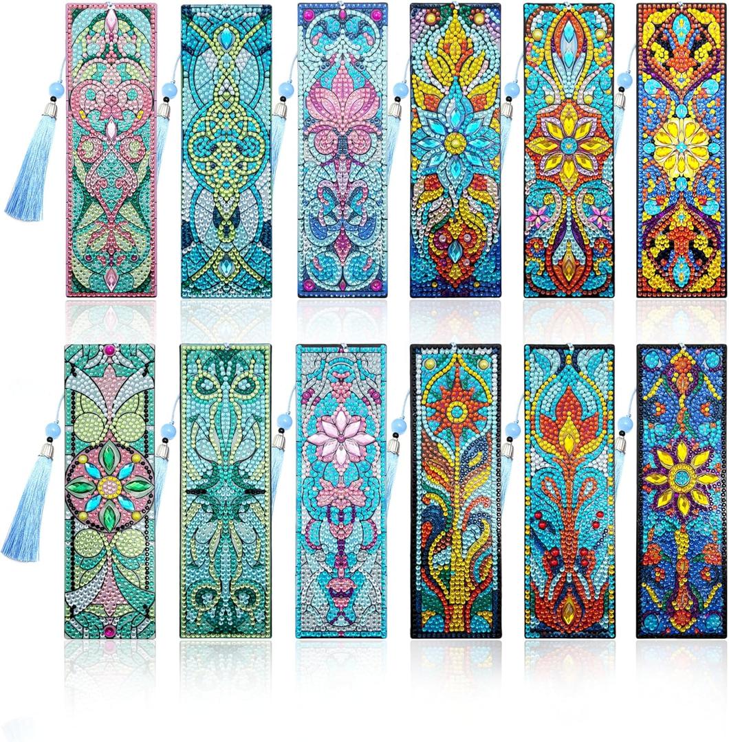12 Pcs DIY Diamond Art Bookmarks for Adults Women Beginners Acrylic Dotz Diamond Art Bookmarks Kit Diamond Painting 5d Floral Rhinestone Bookmark Diamond Art Book Marks with Tassels Crafts Supply