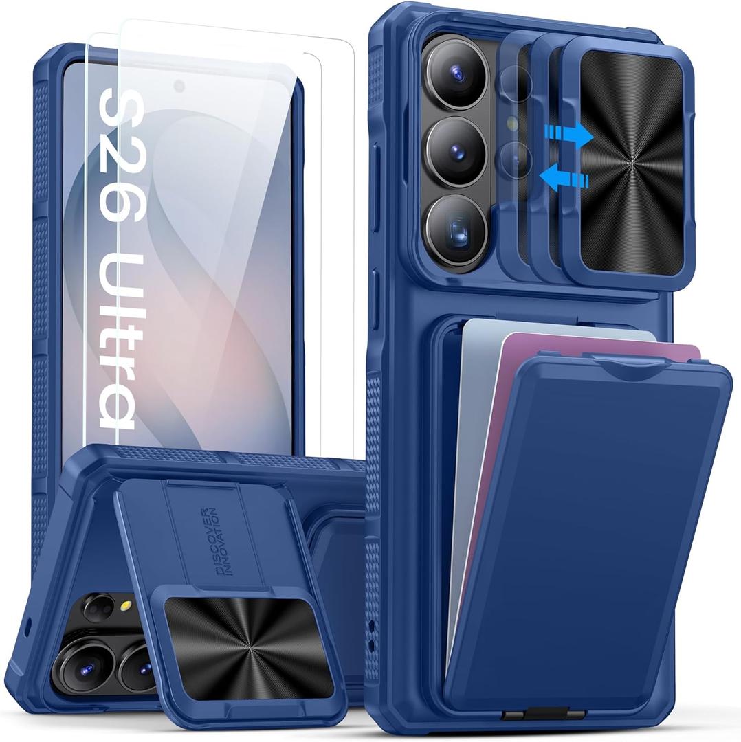 SSLOTSCASE for Samsung Galaxy S26 Ultra Case with 2X Screen Protector, [9H Hardness] Military-Grade Shatterproof, Kickstand & Card Holder & Sliding Lens Cover, Durable Phone Cover for S26 Ultra, Blue