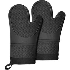 Extra Long Silicone Oven Mitts, Heat and Slip Resistant Oven Mitts with Soft Cotton Lining Non-Slip Textured Grip, Long Flexible Thick Gloves for BBQ, Baking, Cooking, 12.59 inches, Black