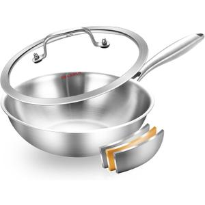 DELARLO Whole Body Tri-Ply Stainless Steel Wok 9.45 inch, Deep Kitchen Stir-Fry Pan, Small Wok Pan with Lids, Induction Mini wok, Suitable for All Stove, Up to 650, Detachable Handle