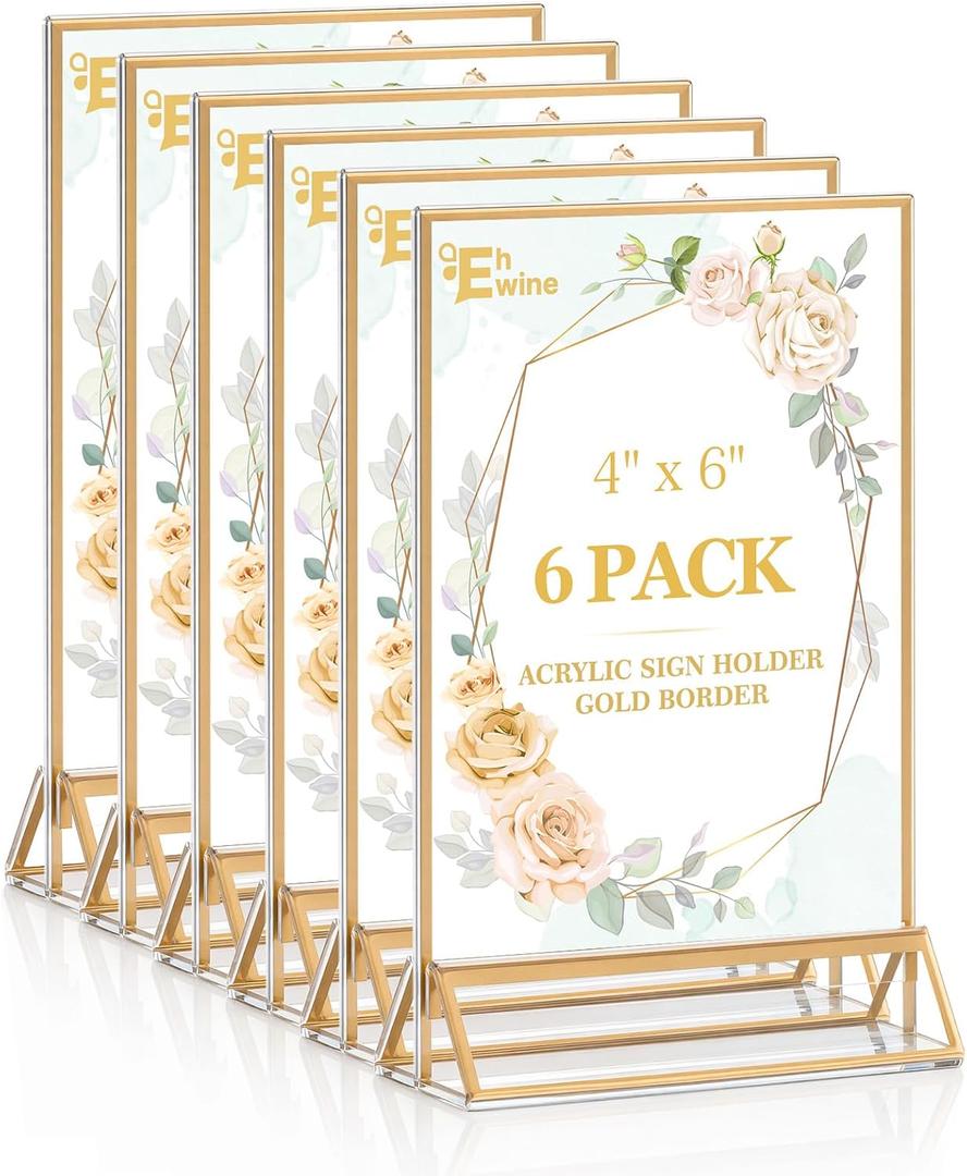 EHWINE 6 Pack Acrylic Sign Holder 4 x 6, Double Sided Gold Picture Frame Stand up Table Top Sign Holders, Clear Display Stand Menu Flyer Holder for Wedding Party