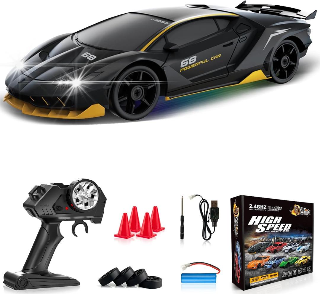 RC Drift Car 1:24 Remote Control Car 4WD 15KM/H High Speed Racing Sport Car with LED Lights RC Cars Toy for Kids Boys Girls Adults Gifts Birthday Christmas Rechargeable Batteries (Black-1)