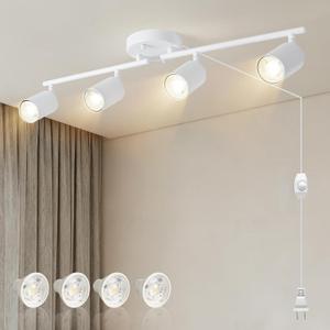 Dimmable Plug in Track Lighting (Bulbs Included), 4-Lights Matte White Finish, Adjustable Heads, 20ft Long Cord with in-Line Dimmer Switch, Rotatable Ceiing Spotlight for Bedroom Living Dining Room