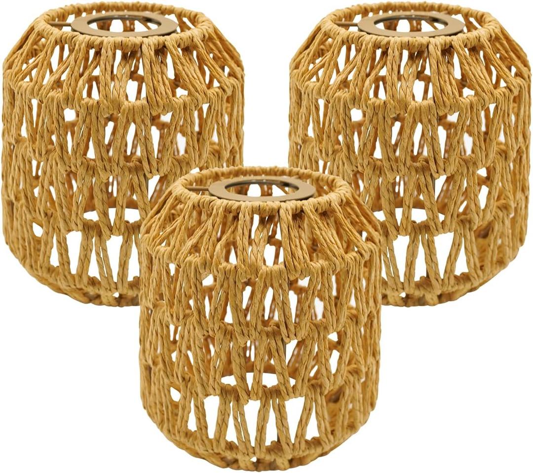 3-Pack Boho Rattan Lamp Shades - Handwoven Natural Wicker Lampshades for Pendant Lights, Chandeliers, Wall Sconces, Floor & Table Lamps Vintage Farmhouse Home Decor