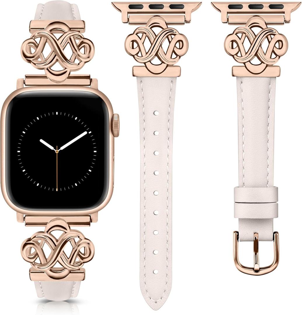 Wearlizer Slim Leather Band Compatible with Apple Watch Bands Women 38/40/41/42/44/45/46/49mm, Fancy Dressy Designer Thin Strap with Celtic Knot for iWatch Series 11 10 9 8 7 6 5 4 3 SE/Ultra 3 2 1 (Starlight/Rose Gold)