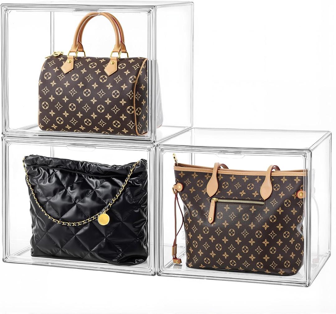 HBlife 3 Pack Purse Storage Organizer for Closet, X-Large Clear Stackable Handbag Display Case Box with Magnetic Door for Collectibles, Cosmetics, Women Heels and Toys