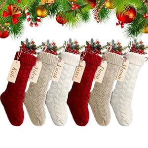 Sumind 6 Pack Personalized Christmas Stocking 18'' Large Family Knitted Xmas Stocking with Name Tags Set for Holiday Fireplace Party Decor (Burgundy, Ivory, Khaki)