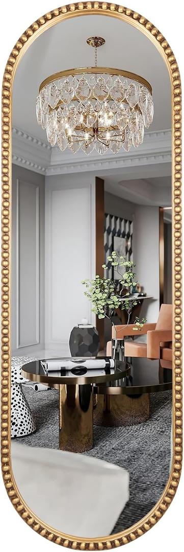 Oval Full Length Mirror, 16"x47" Metal Beaded Frame Large Hanging Dressing Floor Mirror for Bedroom, Living Room, Entryway, Antique Gold (No Stand)