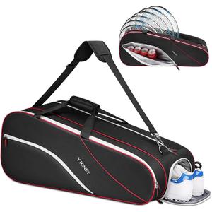 Ytonet Tennis Bag 6 Rackets, Large Tennis Racket Bag for Men Women with Insulated Pocket Shoe Compartment Water Resistant 3-Ways Carry Padded Badminton Cover for Pro/Team/Familiy Training, Black