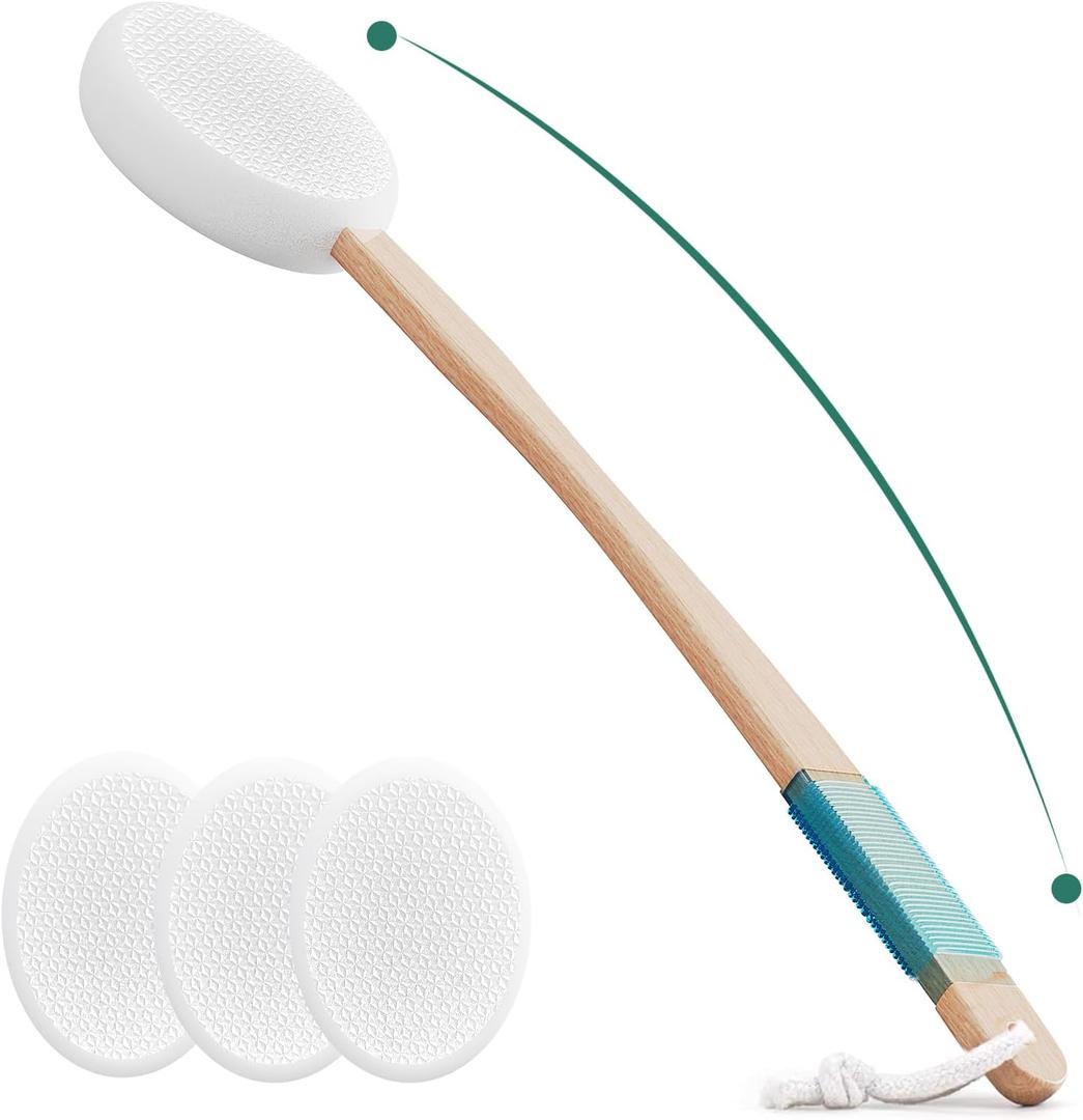 Back Lotion Applicator with 4 Replaceable Pads, Lotion Applicator for Back Self Elderly, Women, Sunscreen Applicator for Cream with 17" Curved Handle Easy to Target Back and Feet, White