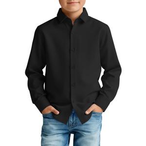 Boy's Long Sleeve Dress Shirt Kids Collared Button Down Shirt Casual Solid Button Up Uniform Top for 10-11 Years