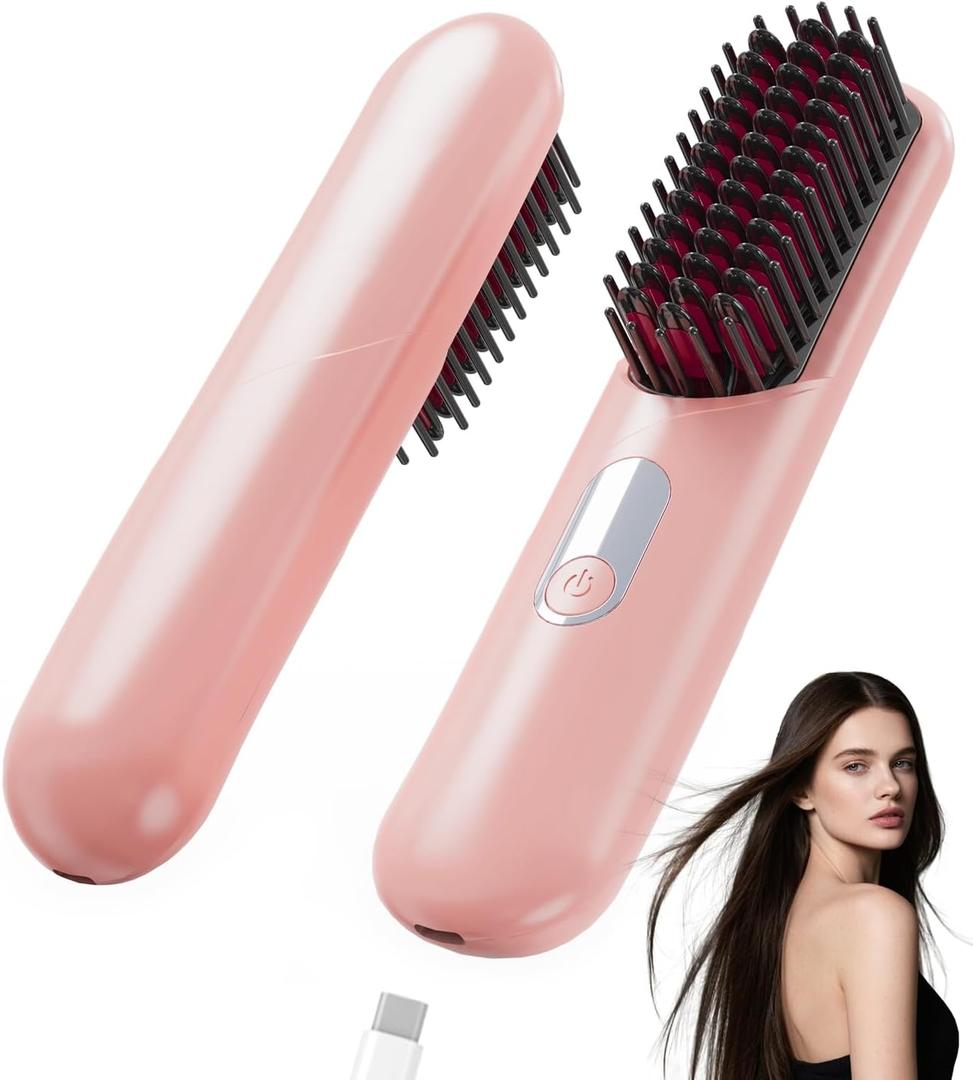 Cordless Hair Straightener Brush - Rizzrosa Portable Hot Comb for Travel, Mini Hair Straightener for Women, 4 Temperature Settings, Ideal for Camping, Office, Parties(Pink)