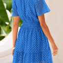 PRETTYGARDEN Womens 2025 Summer Short Dress V Neck Short Sleeve A Line Hollow Out Lace Ruffle Cute Casual Beach Party Dresses (Blue, L)