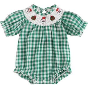 Newborn Baby Girl Smocked Thanksgiving Outfit Infant Plaid Bubble Romper Embroidery Turkey Fall Clothes (2-3T, Green Santa)