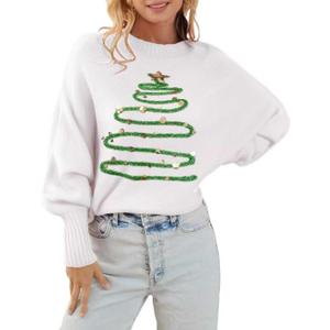 Womens Merry Christmas Sweaters Long Batwing Sleeve Sweater Loose Fit Pullover Top Sweaters (X-Large, 251 White)