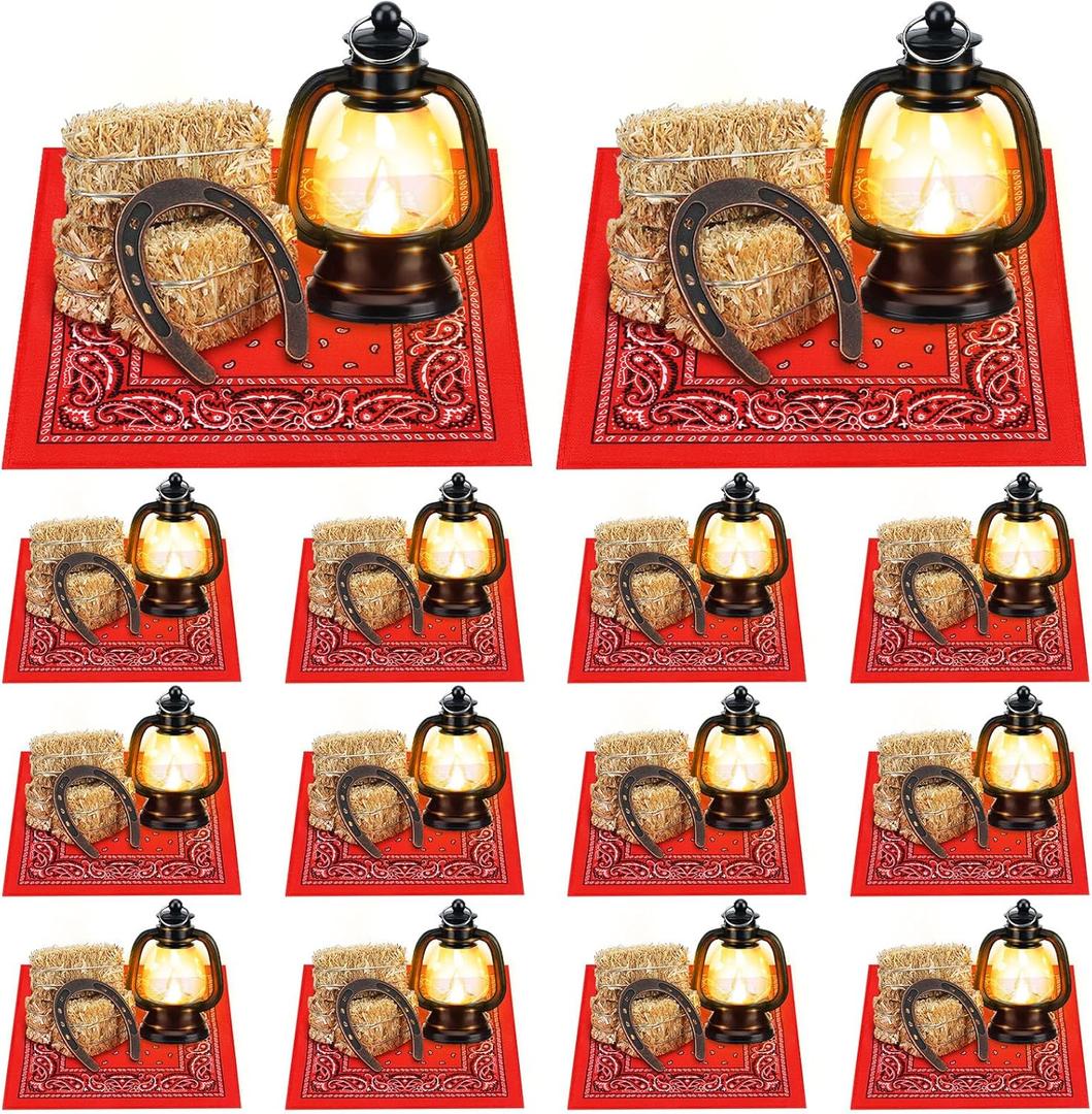 Shihanee 72 Pcs Western Cowboy Centerpieces Decorations with Horseshoe Lantern Mini Haystack Bandannas Tables Cowboy Theme Party Decorations for Western Birthday Wedding Favors Supplies