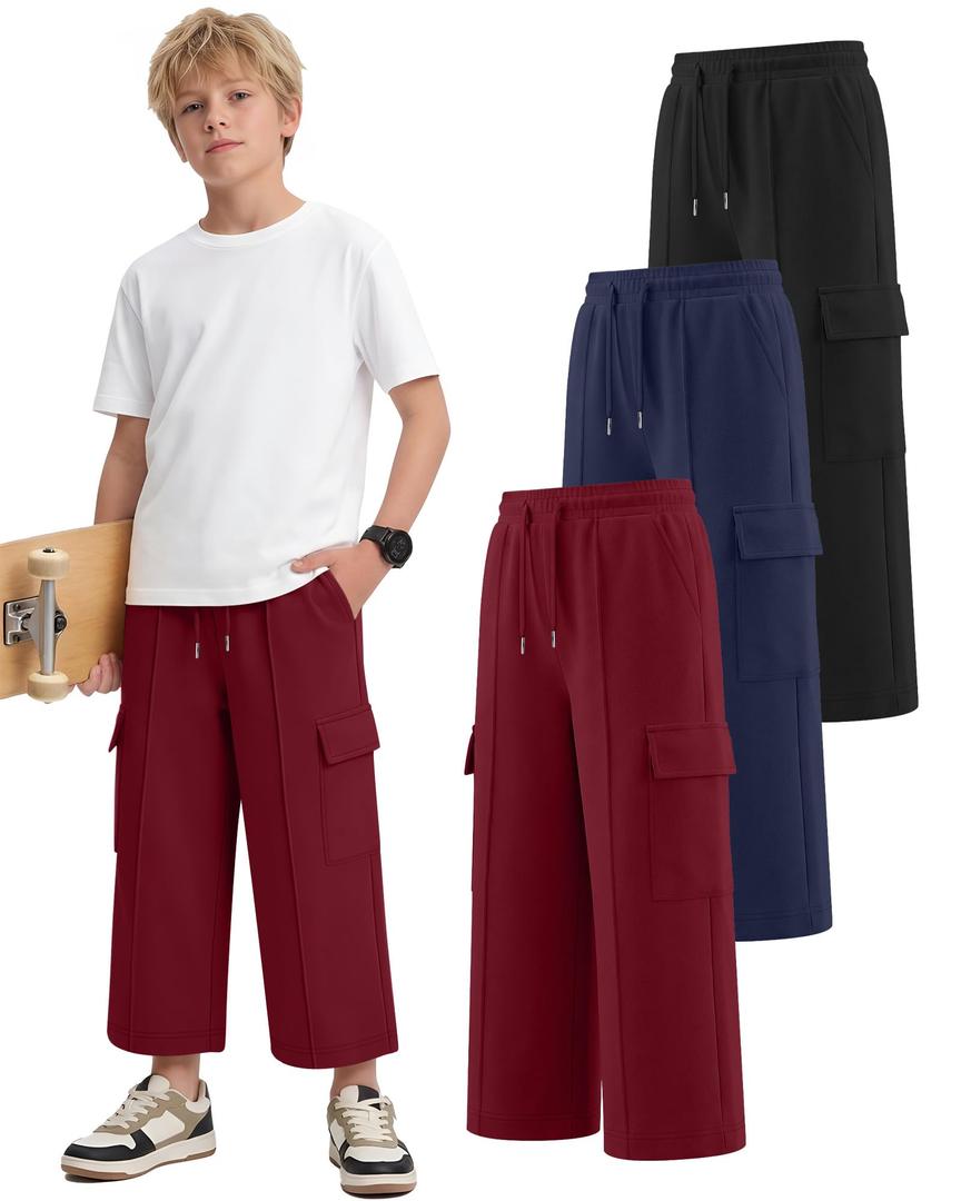 Langyiwee 3 Pack Boys Capri Pants Drawstring Elastic Waisted Teens Cargo Joggers Pull on Casual Sweatpants with Pockets(Wine Red, Navy Blue, Black,9-10 Years)
