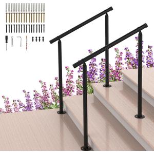 2 Pack Handrails for Outdoor Steps,2 to 3 Steps HandRail Outdoor Stair Railing, Metal Porch Railing, Deck Hand Rail, Black Wrought Iron Railing with Installation Kit for Concrete Steps