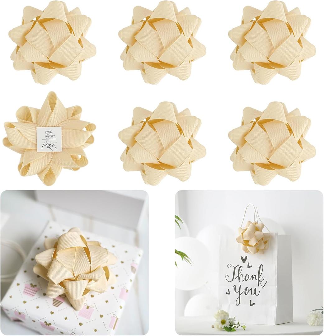 4.5 Inch Champange Bow for Gift Grosgrain Ribbon Present Bow, Baby Shower Bow for Gift Wrapping, Decorative Bow, Self Adhesive Bows, Gift Bow Assortment, Pack of 6