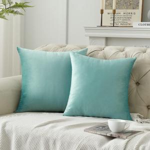 2 x Krifey Throw Pillow Covers Velvet Decorative Square Pillowcase Soft Cushion Case for Couch Bedroom 16x16 Inch Aqua Green, Pack of 2