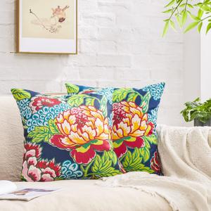 Pack of 2, Chinoiserie Pillow Cover 20 x 20 Inch Peony Floral Pillow Covers Linen Flower Throw Pillow Covers Farmhouse Pillowcase Cushion Covers for Sofa Couch Living Room Navy Pink