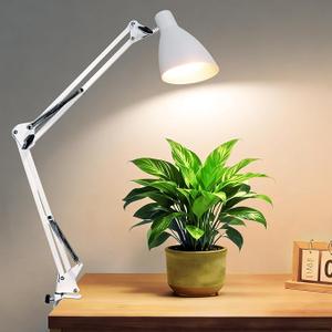 LED Desk Lamp with Clamp, 32" Architect Swing Arm Desk Lamp, Dimmable 5 Color Modes & 10 Brightness Task Light, Flexible Gooseneck Clipon Table Lamps for Home Office Reading Nail Study Work, White