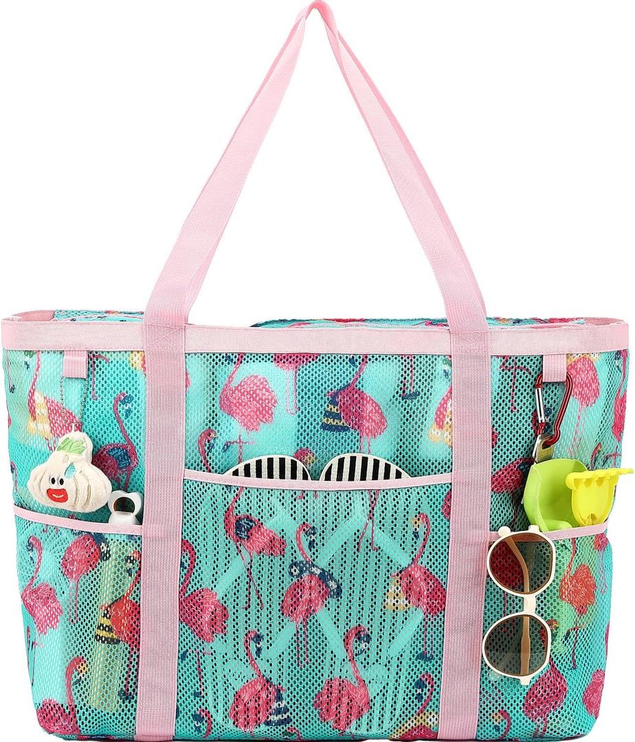 Fammart Mesh Beach Bag with Zipper for Women, Large Beach Tote Sandproof Toys Pool Swim Bag Travel Vacation Cruise Essentials