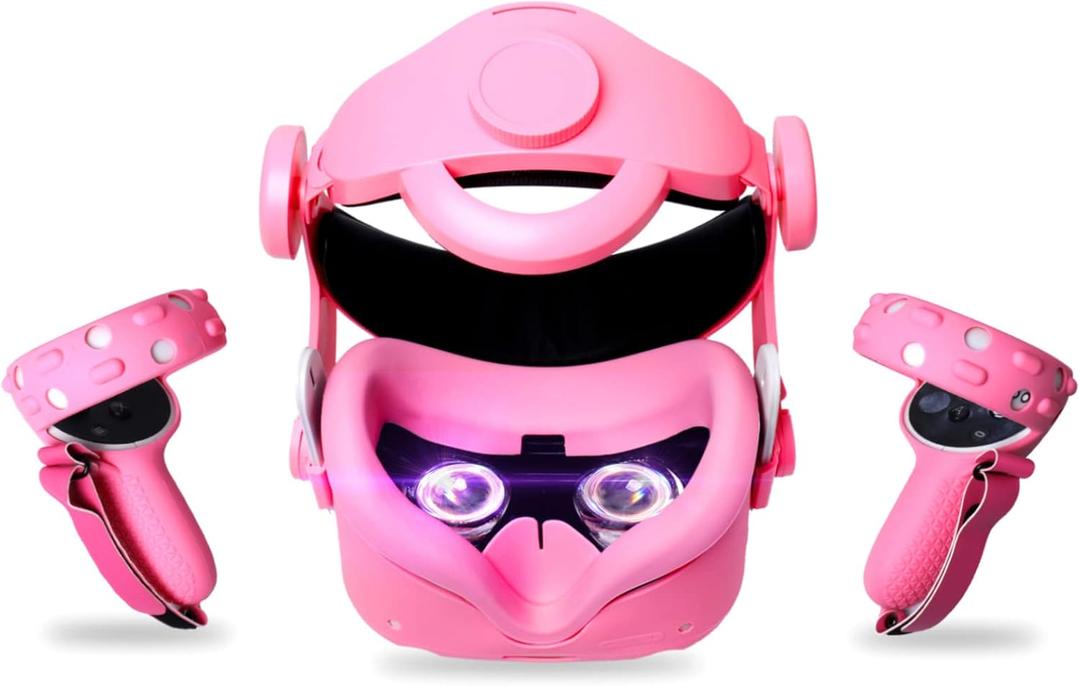 2022 New Upgrade Head Strap for Oculus Quest 2 Accessories,MODJUEGO Adjustable Forehead Strap with Silicone Touch Controller Grip Cover, VR Face Cover and VR Shell Protector Cover Replacement (Pink)