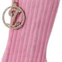 2 x 19.5 Inch Embossed Stripe Christmas Stocking,Personalized Xmas Stocking with Gold Wooden Initial Monogram,Fireplace Christmas Party Decoration and Xmas Gift(Pink,Letter I)