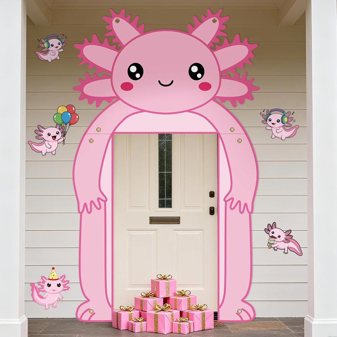 Axolotl Winter Birthday Party Decorations Pink Axolotl Door Cover Arch Decor Front Door Porch Banner Backdrop Wall Decor for Indoor Outdoor Yard Garage Cartoon Archway Baby Shower Party Supplies