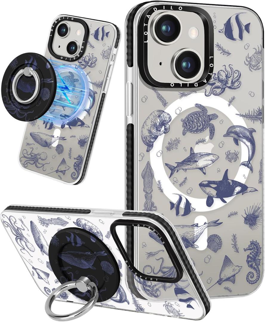 for iPhone 13 Case for Women Girls - Cute Design Compatible with Magsafe Magnetic Ring Holder Stand Sea Fish Aesthetic Pattern TPU Phone Covers for iPhone 13 Phone Case