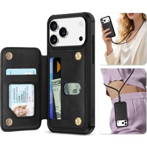 TUCCH Card Case Wallet for iPhone 17 Pro Max (6.9") 2025, RFID Blocking 3 Card Slots | Crossbody Lanyard Strap | Clear ID Window | Undetachable | Magnetic PU Leather Shockproof Phone Cover | Black