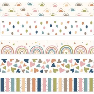 115Ft Boho Bulletin Board Borders Classroom Bulletin Boards Decoration Colorful Boho Heart Rainbow Dot Stripe Border Stickers for School Classroom Office Wall Chalkboard Party Decor, 100Pcs
