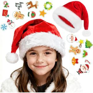 HAOSJINY Santa Hat, Christmas Hat With 20 Diy Holiday Stickers, Santa Hats For Xmas New Year Christmas PartyClassic Red Kids
