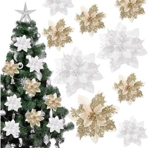 Yunsailing 30 Pcs Poinsettia Christmas Artificial Glitter Flower Xmas Flower Poinsettia for Xmas Christmas Tree Craft Decor (Champaign Gold, Silvery White)