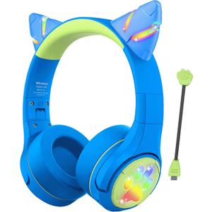 Riwbox CF9 Kids Bluetooth Headphones Cat Ear with LED Light Up,Safe 85dB Volume Limit,Built-in Mic&Boom Mic for Calls,Kids Wireless&Wired Headphones for Tablet/Airplane/School/Online Learning
