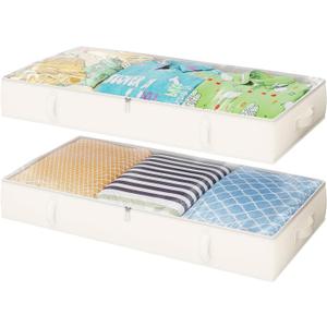 2-Pack Under Bed Storage, 6 Inches Tall Closet Organizers and Storage Bins with Sturdy Sidewalls/Bottom/4 Handles, Beige