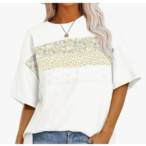 EVALESS Oversized Tshirts for Women Trendy Summer Crochet Tops 2025 Crewneck Short Sleeve Shirts Floral Print Tee T Shirts, Size: M