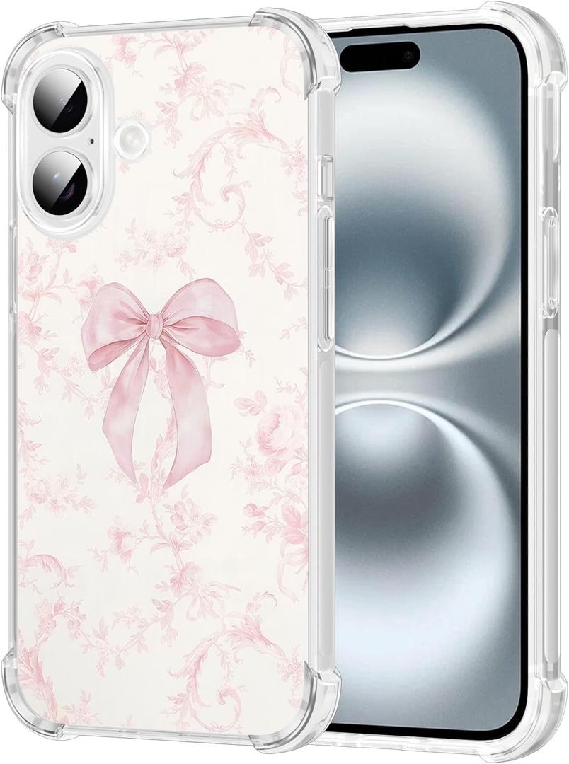 iPhone 16 6.1''Light Pink Bow Floral Case,Vintage Vine Flower Pattern Clear Phone Case for Women Girls,Anti-Yellowing Anti-Fall Shockproof Full Body Protective Phone Cover