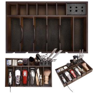 Barber Organizer Station, Wooden Multi-Functional Barber Accessories Storage Tray, Adjustable Multi-Slot Hairdressing Tool Storage Station Suitable for Hair Salons, Home Use, and Pet Shops